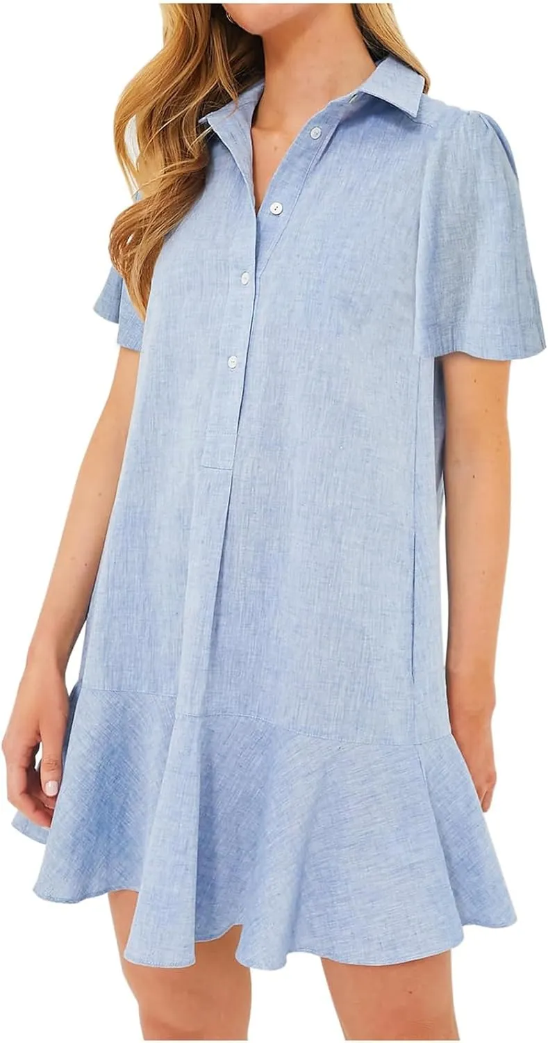 Shirt Dresses for Women Casual Short Sleeve Cotton Linen Mini Dresses Fashion V Neck Button Up Ruffle Hem Shift Dress