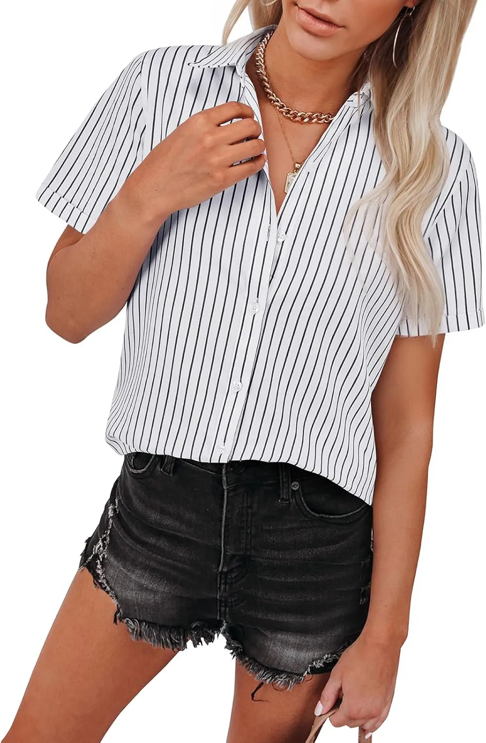siliteelon Womens Cotton Button Down Shirts Short Sleeve Striped Fitted Dress Shirt Collared Blouse Office Work Top