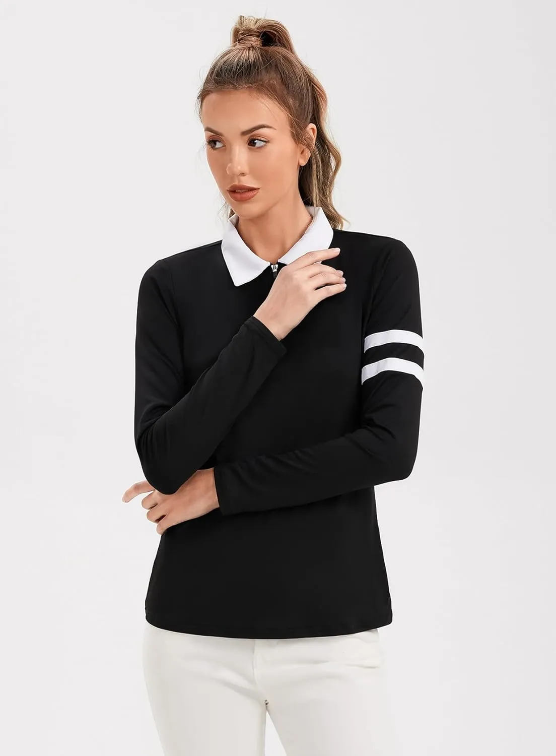 Soneven Womens Long Sleeve Polos 1/4 Zip Moisture Wicking Collared Golf Shirt Slim Fit for Casual Work