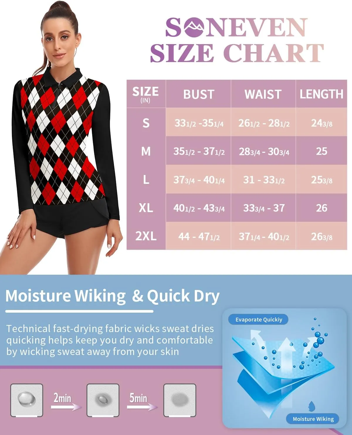 Soneven Womens Long Sleeve Polos 1/4 Zip Moisture Wicking Collared Golf Shirt Slim Fit for Casual Work