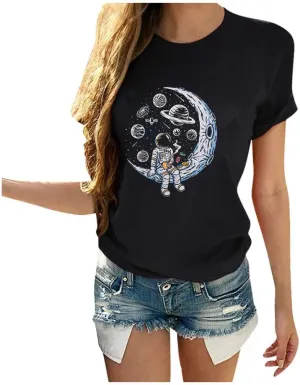 Space Shirts for Women NASA Shirt Moon Graphic Tees Astronaut Print T Shirt Space Fan Gift Shirt Short Sleeve Tee Tops