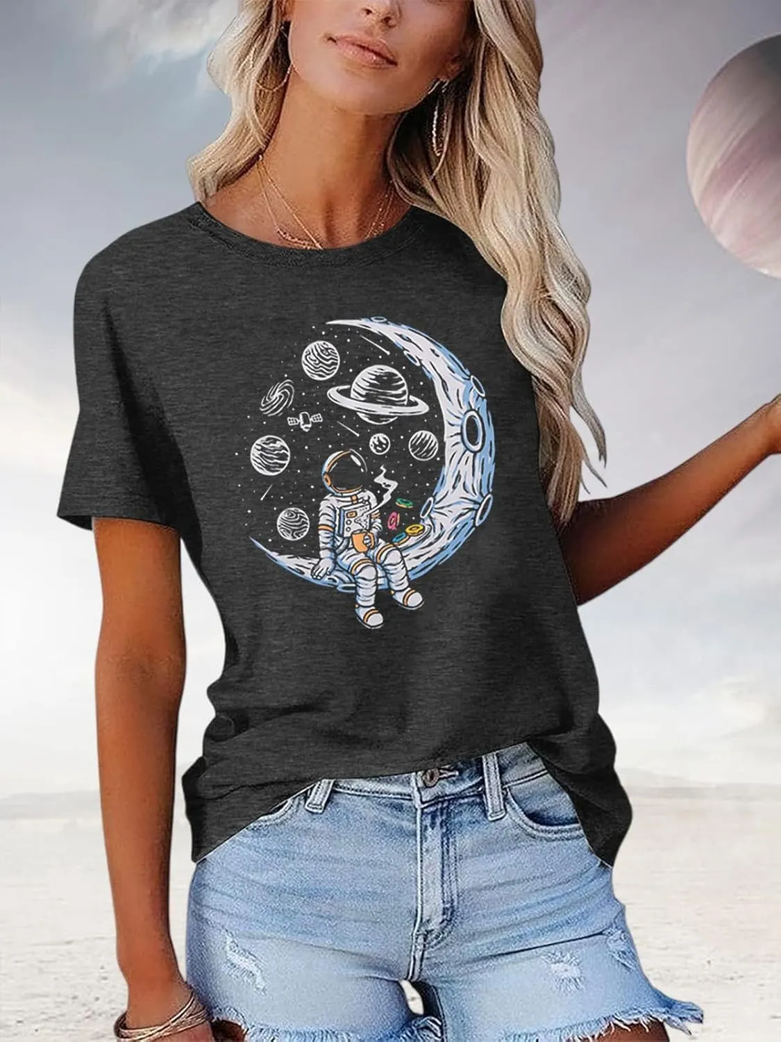 Space Shirts for Women NASA Shirt Moon Graphic Tees Astronaut Print T Shirt Space Fan Gift Shirt Short Sleeve Tee Tops