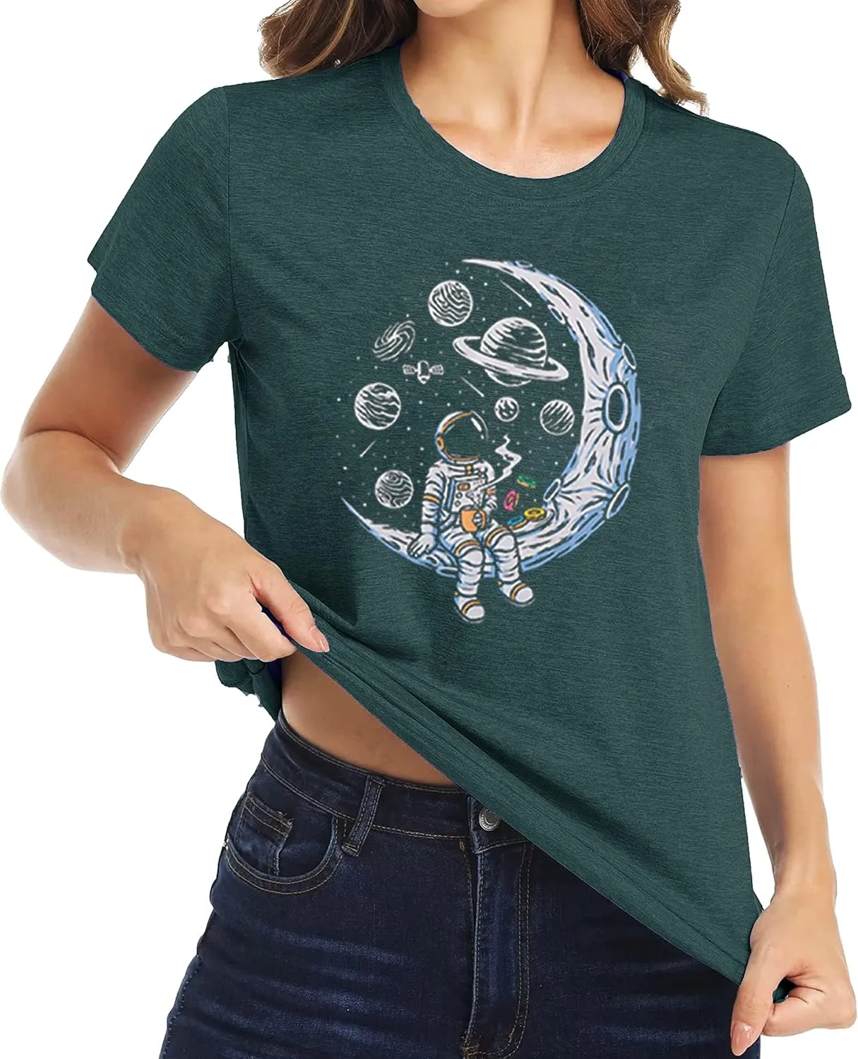 Space Shirts for Women NASA Shirt Moon Graphic Tees Astronaut Print T Shirt Space Fan Gift Shirt Short Sleeve Tee Tops