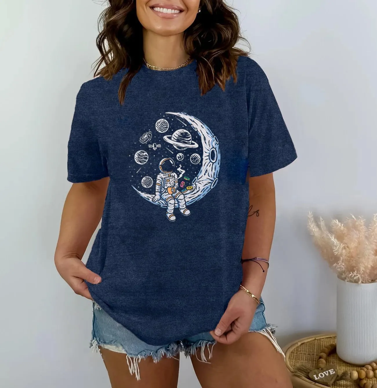 Space Shirts for Women NASA Shirt Moon Graphic Tees Astronaut Print T Shirt Space Fan Gift Shirt Short Sleeve Tee Tops