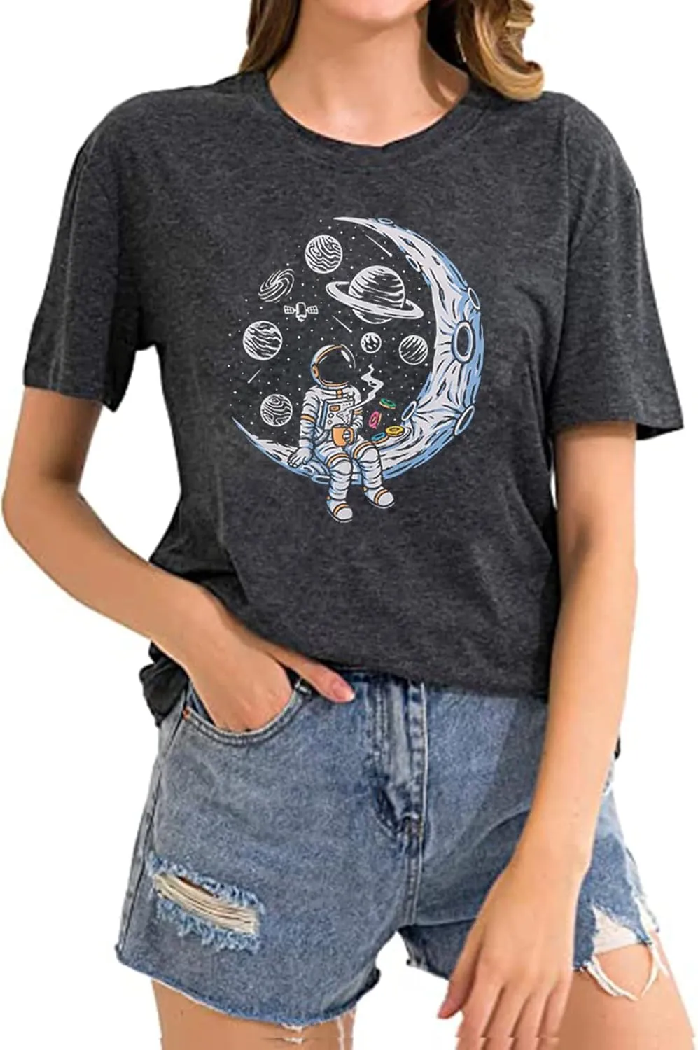 Space Shirts for Women NASA Shirt Moon Graphic Tees Astronaut Print T Shirt Space Fan Gift Shirt Short Sleeve Tee Tops