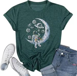 Space Shirts for Women NASA Shirt Moon Graphic Tees Astronaut Print T Shirt Space Fan Gift Shirt Short Sleeve Tee Tops
