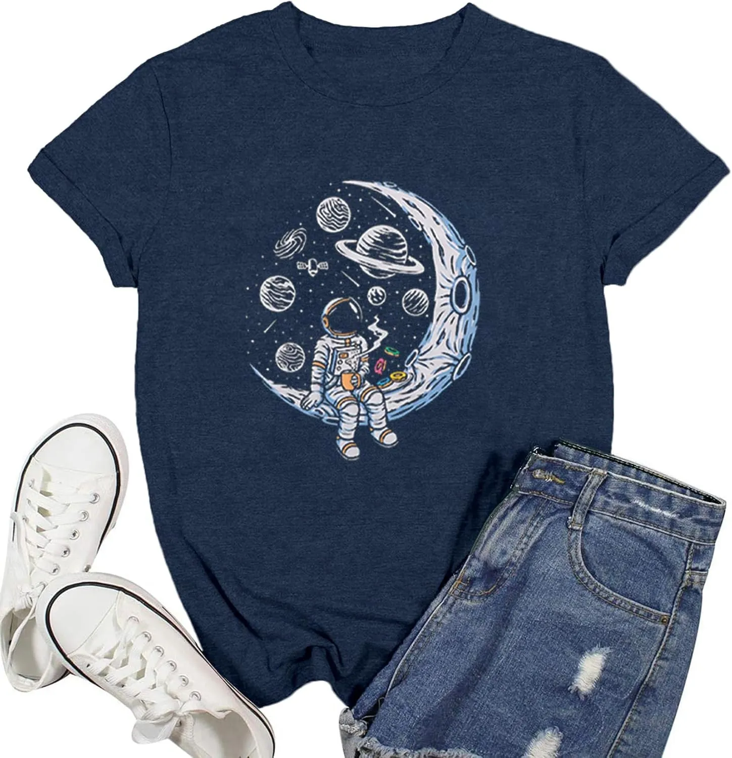Space Shirts for Women NASA Shirt Moon Graphic Tees Astronaut Print T Shirt Space Fan Gift Shirt Short Sleeve Tee Tops