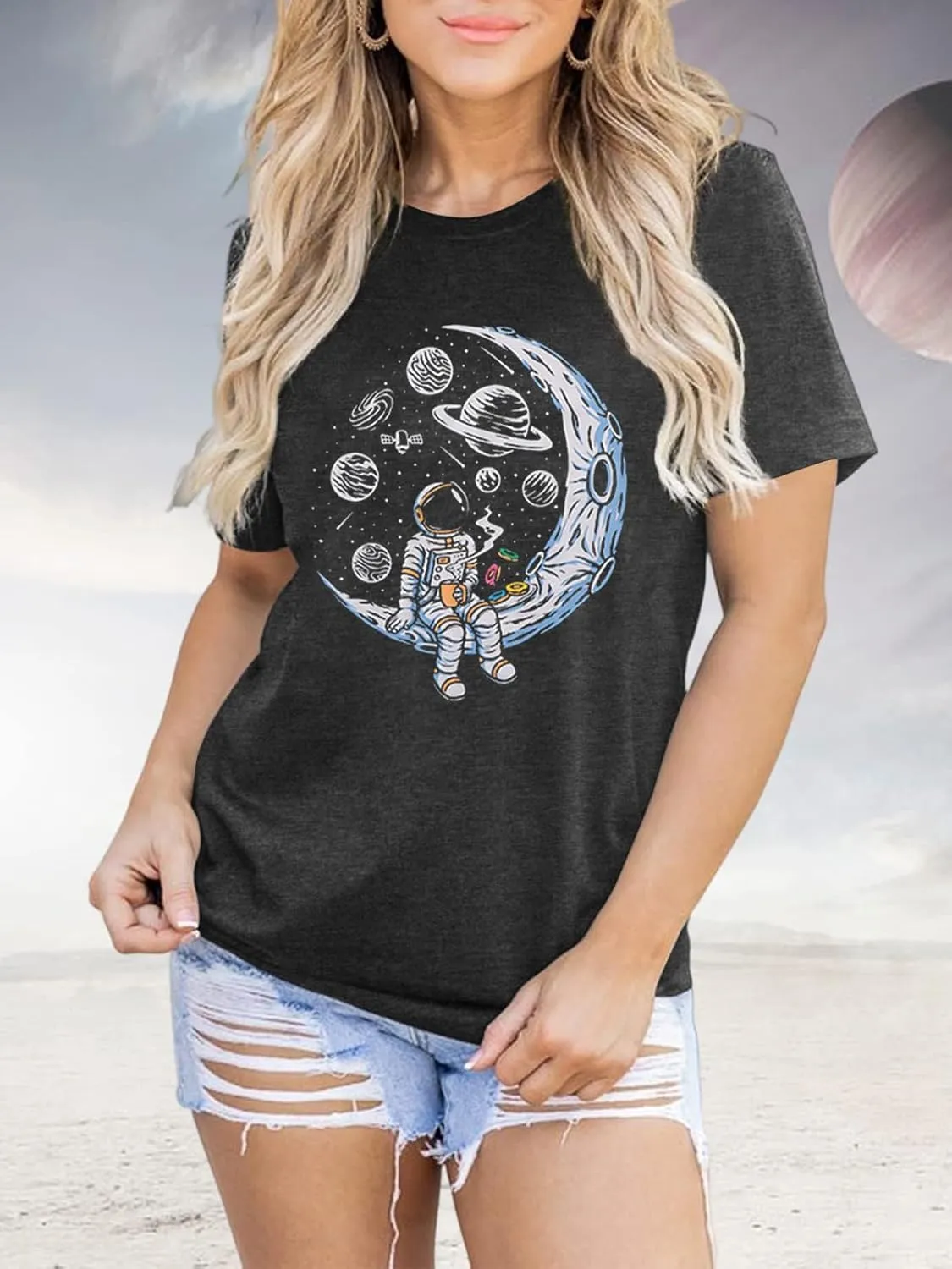 Space Shirts for Women NASA Shirt Moon Graphic Tees Astronaut Print T Shirt Space Fan Gift Shirt Short Sleeve Tee Tops