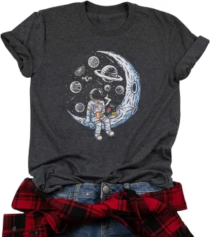 Space Shirts for Women NASA Shirt Moon Graphic Tees Astronaut Print T Shirt Space Fan Gift Shirt Short Sleeve Tee Tops