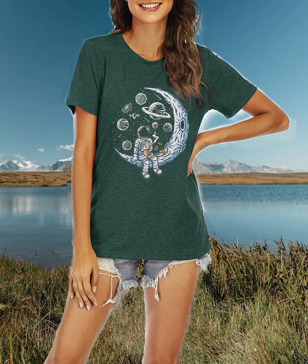 Space Shirts for Women NASA Shirt Moon Graphic Tees Astronaut Print T Shirt Space Fan Gift Shirt Short Sleeve Tee Tops