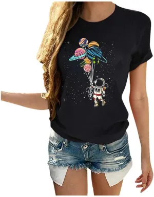 Space Shirts for Women NASA Shirt Moon Graphic Tees Astronaut Print T Shirt Space Fan Gift Shirt Short Sleeve Tee Tops