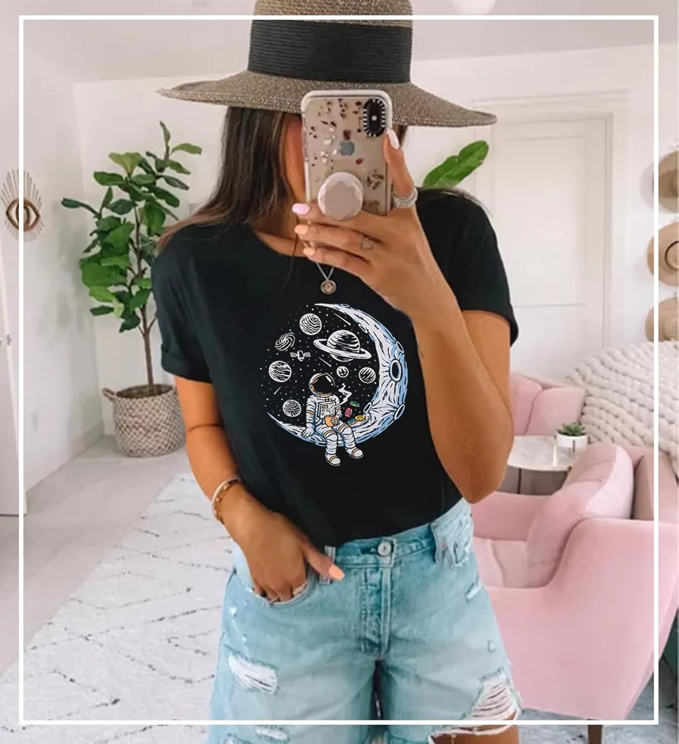 Space Shirts for Women NASA Shirt Moon Graphic Tees Astronaut Print T Shirt Space Fan Gift Shirt Short Sleeve Tee Tops