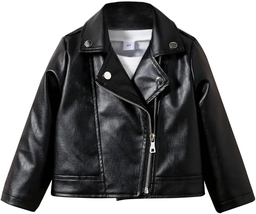 Toddler Girls Motorcycle Leather Jacket - A Piece of Zipper Black Coat Jacket - Cool Girls Outwear Tops for Kids