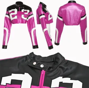 VOIKERDR Leather Jacket Cropped Jacket Motorcycle Jacket Y2K Letter Bomber Jacket Women Faux Leather Jacket Streetwear