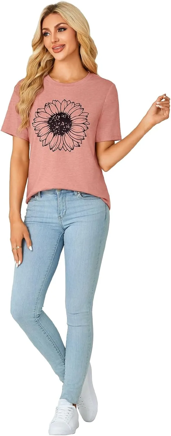 Vrtige Women's Casual Sunflower Graphic Shirt Crewneck Short Sleeve Tee T Shirt Top