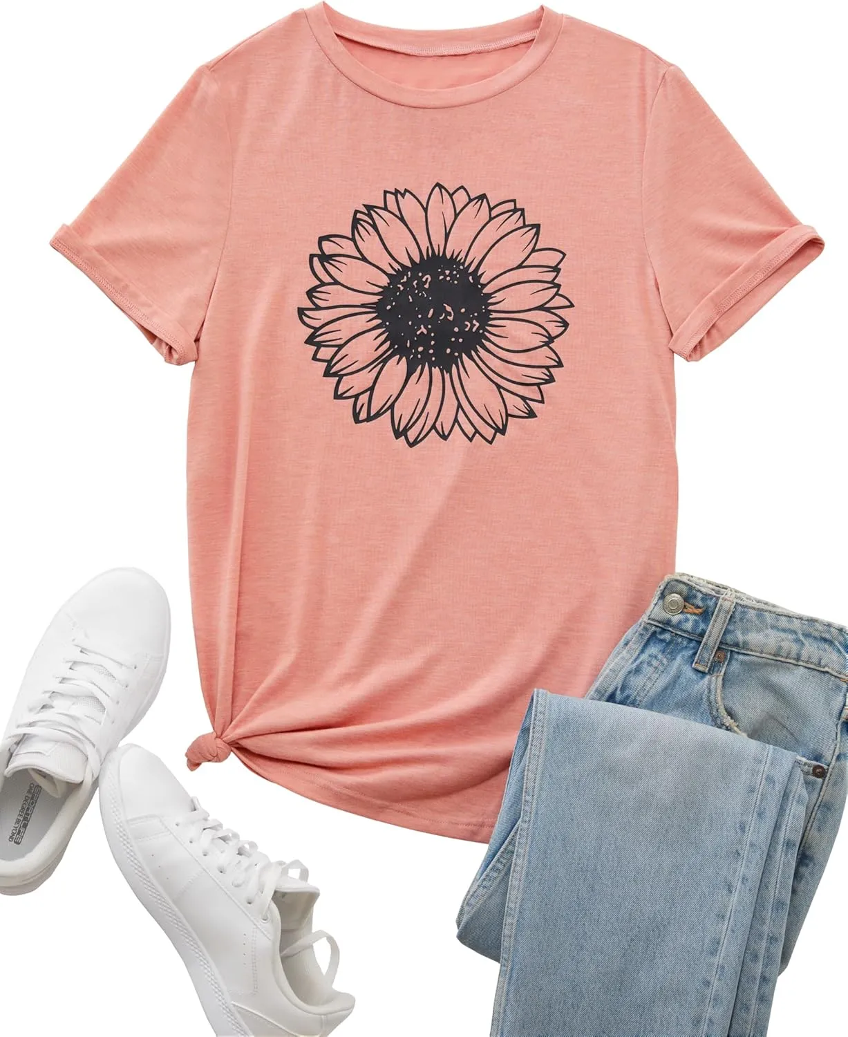 Vrtige Women's Casual Sunflower Graphic Shirt Crewneck Short Sleeve Tee T Shirt Top