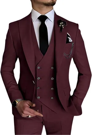 Wangyue 3 Piece Suit Slim Fit Men Suits Double Breasted Wedding Party One Button Blazer Jacket Vest Pants Sets Beige