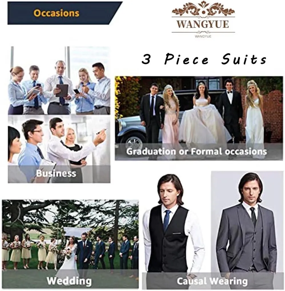 Wangyue 3 Piece Suit Slim Fit Men Suits Double Breasted Wedding Party One Button Blazer Jacket Vest Pants Sets Beige