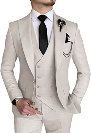 Wangyue 3 Piece Suit Slim Fit Men Suits Double Breasted Wedding Party One Button Blazer Jacket Vest Pants Sets Beige