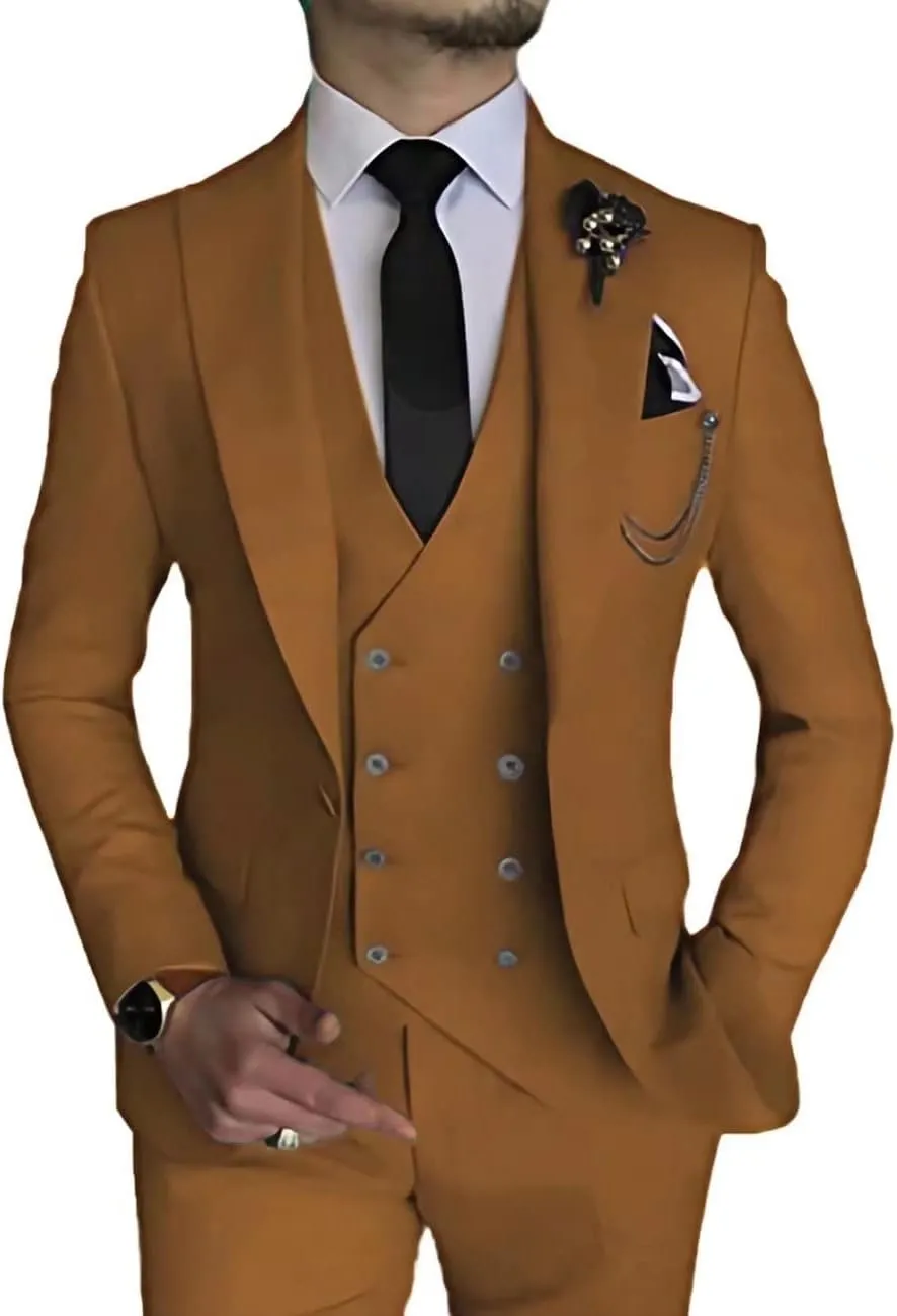 Wangyue 3 Piece Suit Slim Fit Men Suits Double Breasted Wedding Party One Button Blazer Jacket Vest Pants Sets Beige