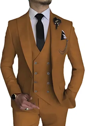 Wangyue 3 Piece Suit Slim Fit Men Suits Double Breasted Wedding Party One Button Blazer Jacket Vest Pants Sets Beige