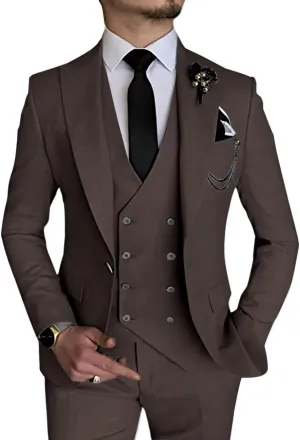 Wangyue 3 Piece Suit Slim Fit Men Suits Double Breasted Wedding Party One Button Blazer Jacket Vest Pants Sets Beige
