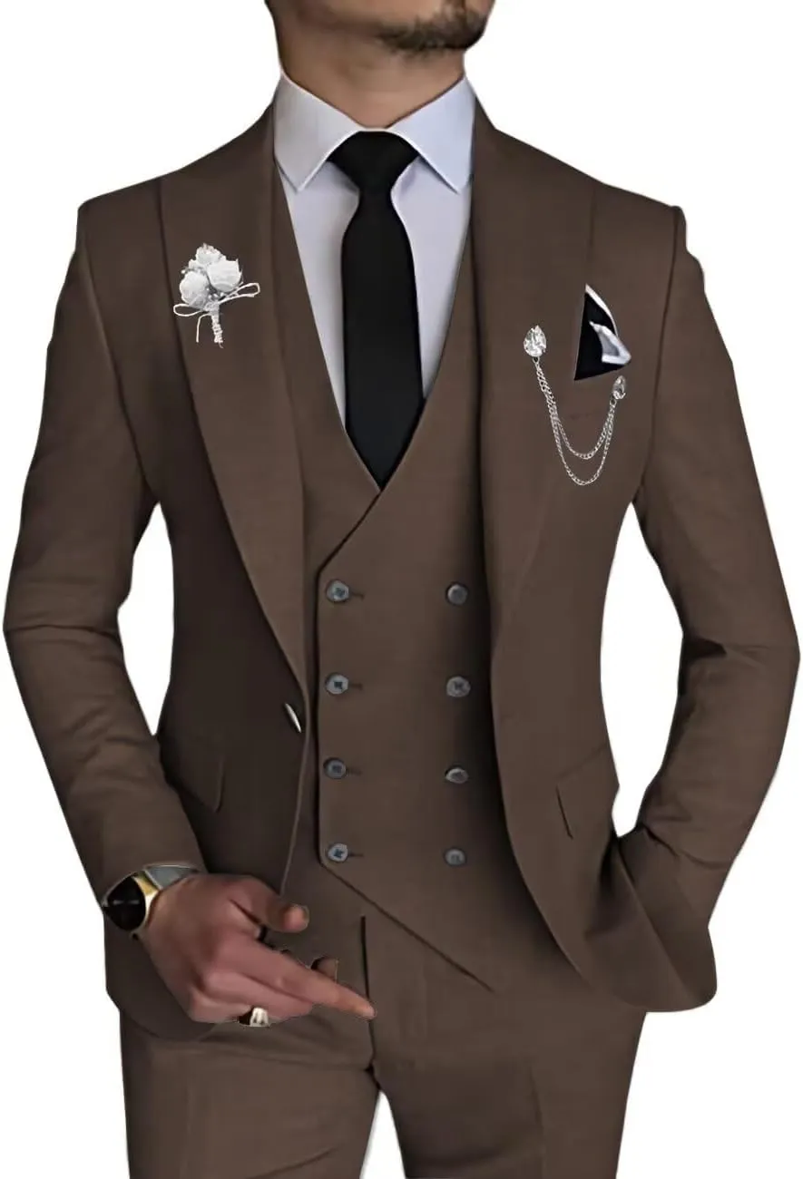 Wangyue Men's 3 Piece Slim Fit Suit Double Breasted Suit Men Formal Suit for Wedding Prom Dinner Party