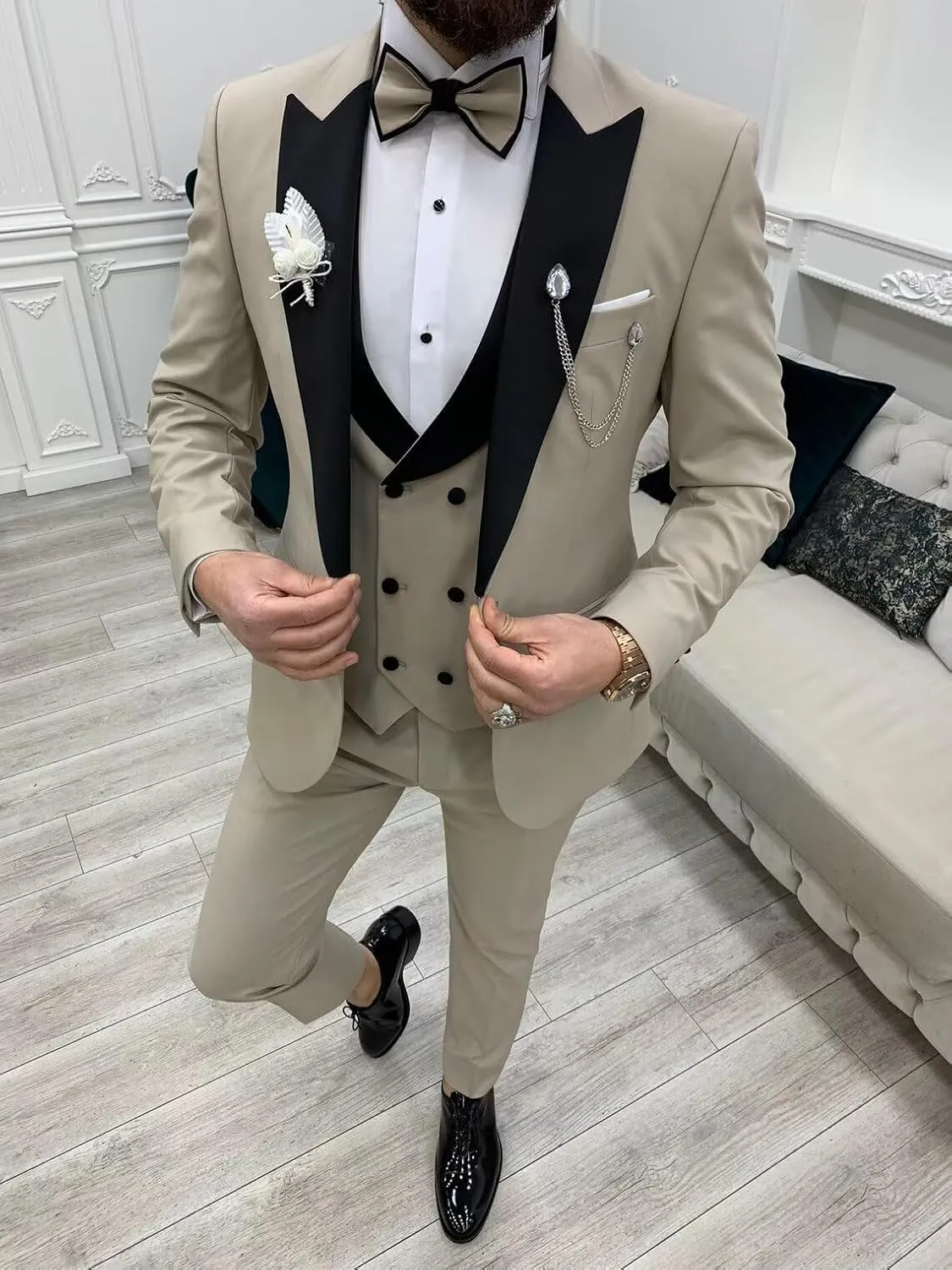 Wangyue Men's Tuxedo Suit 3 Piece Slim Fit Suit for Men Tuxedo for Men Wedding Party Dinner Prom