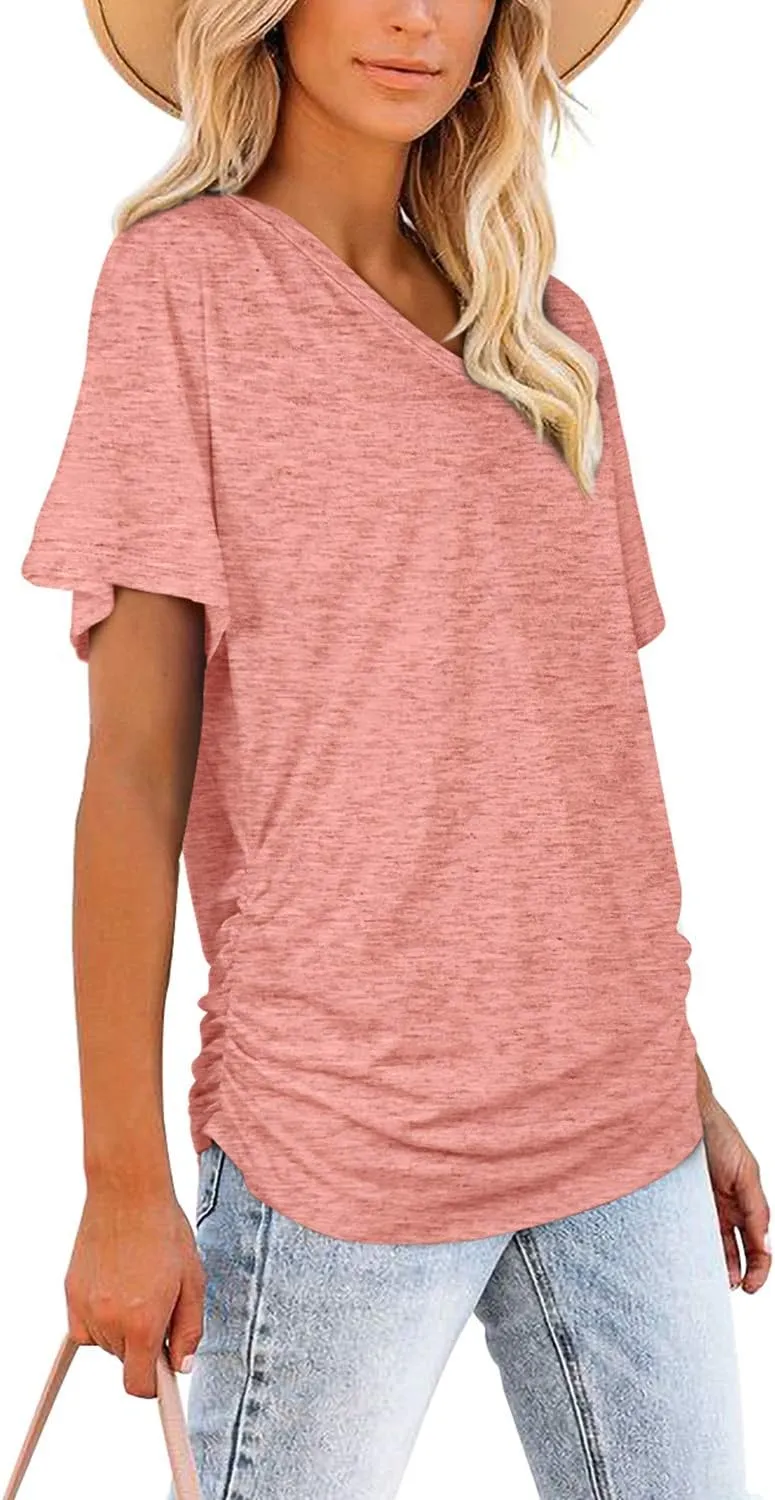WIHOLL Womens Short Sleeve V Neck Dolman Tops with Side Shirring Loose Fit Shirts