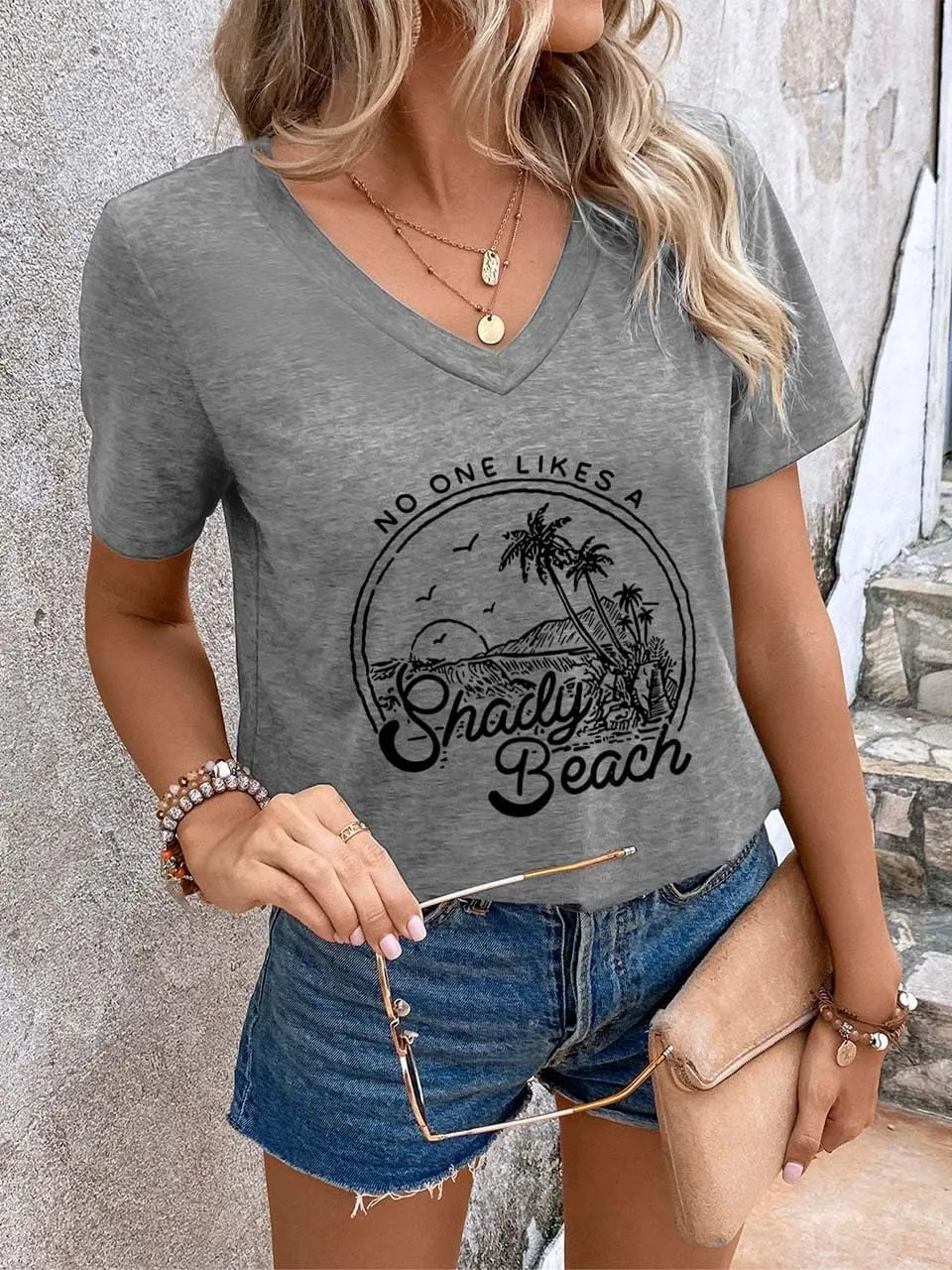 Women Summer Beach Tops Trees Print V Neck Short Sleeve Coconut Tree T Shirt Funny Graphic Tees