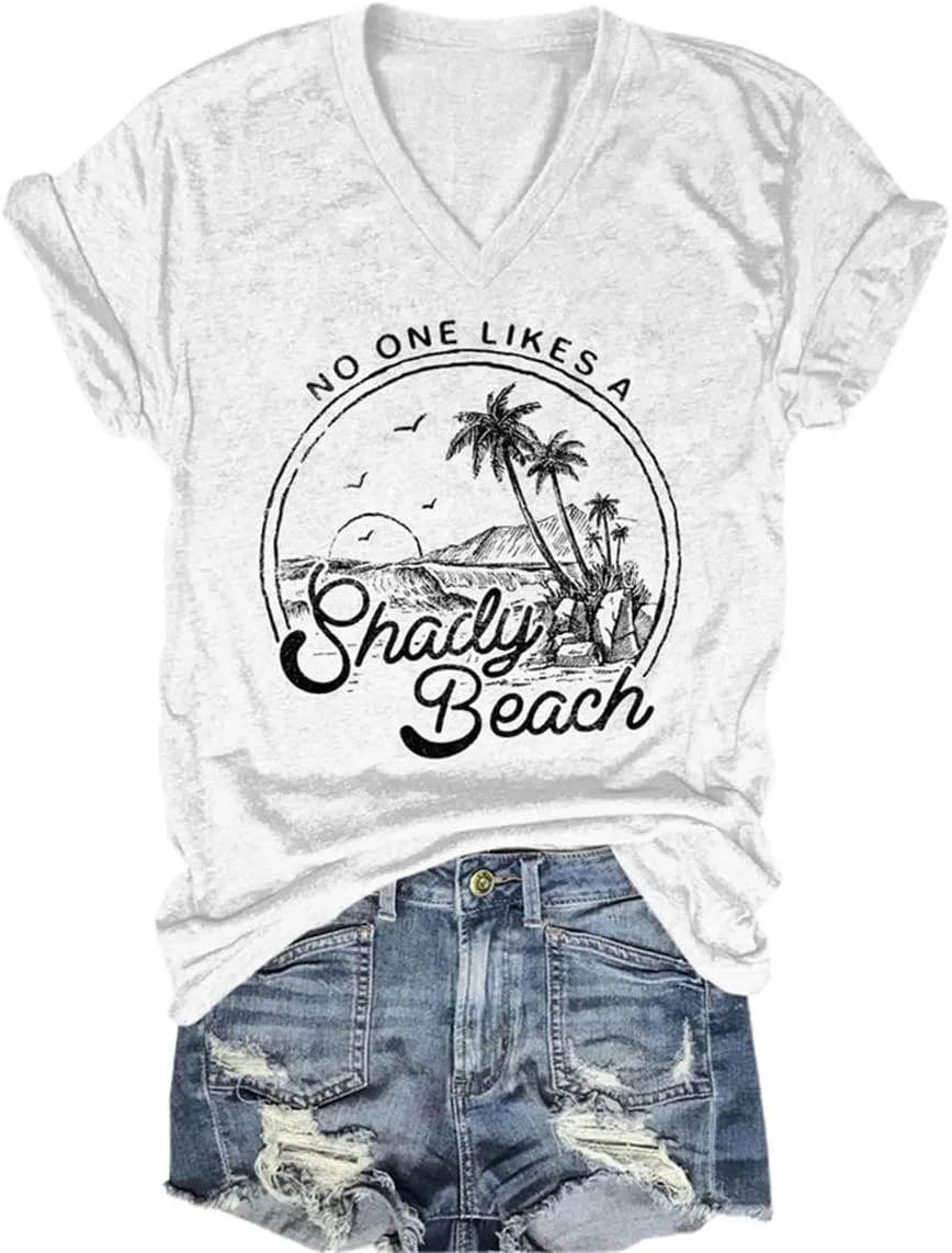 Women Summer Beach Tops Trees Print V Neck Short Sleeve Coconut Tree T Shirt Funny Graphic Tees