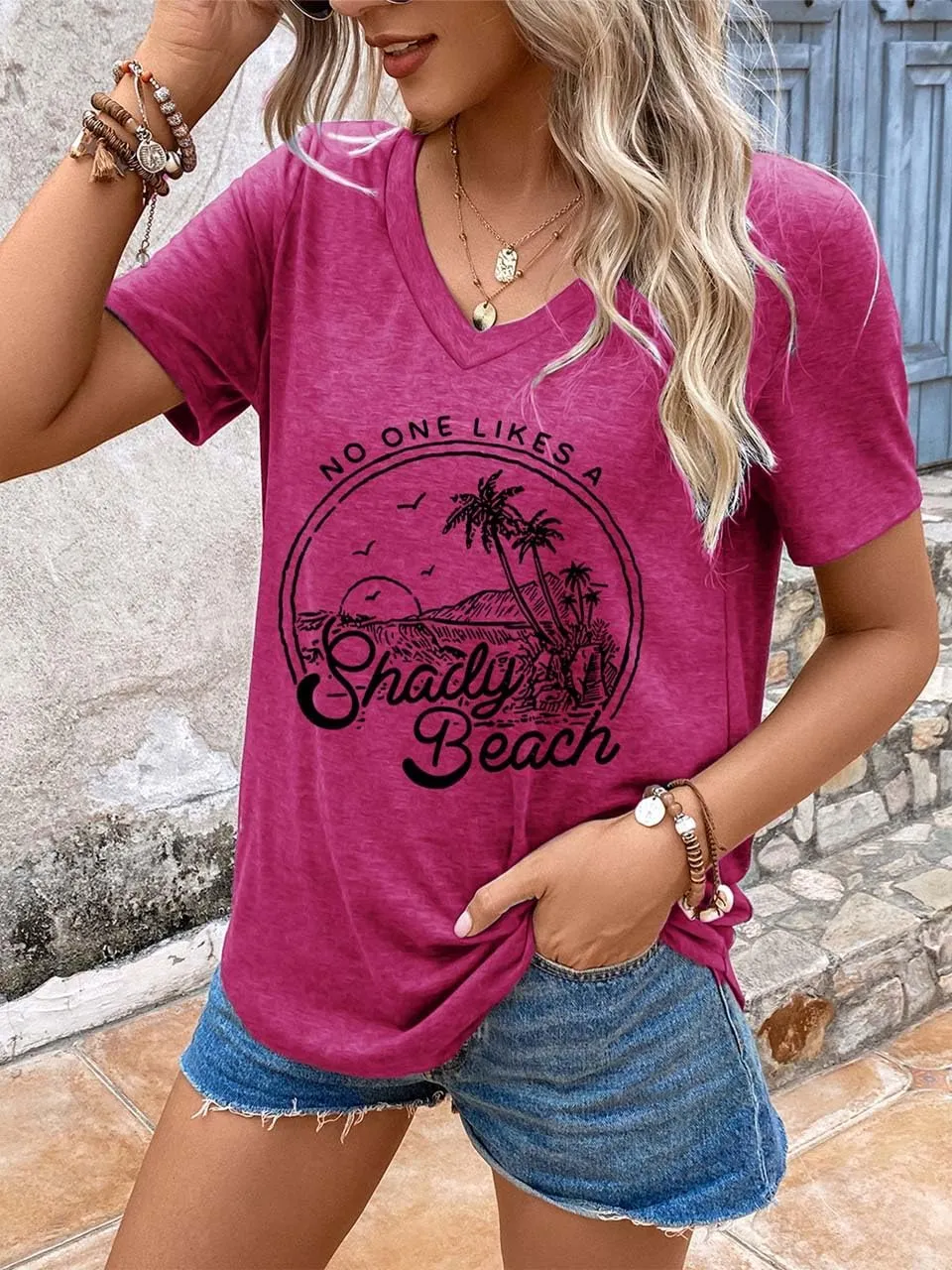 Women Summer Beach Tops Trees Print V Neck Short Sleeve Coconut Tree T Shirt Funny Graphic Tees