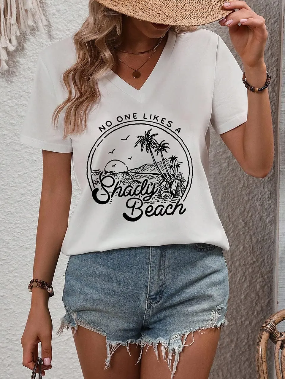 Women Summer Beach Tops Trees Print V Neck Short Sleeve Coconut Tree T Shirt Funny Graphic Tees