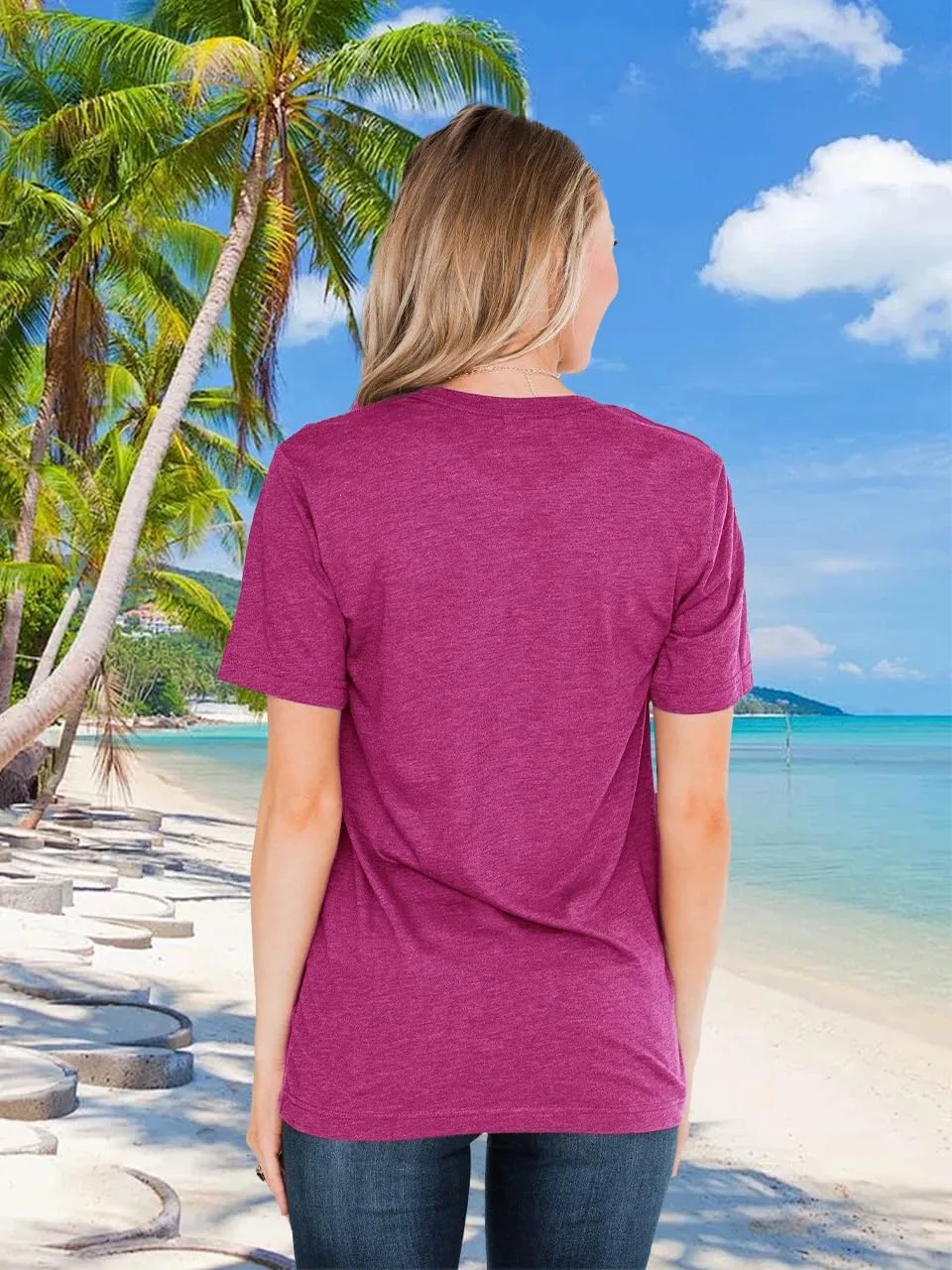 Women Summer Beach Tops Trees Print V Neck Short Sleeve Coconut Tree T Shirt Funny Graphic Tees
