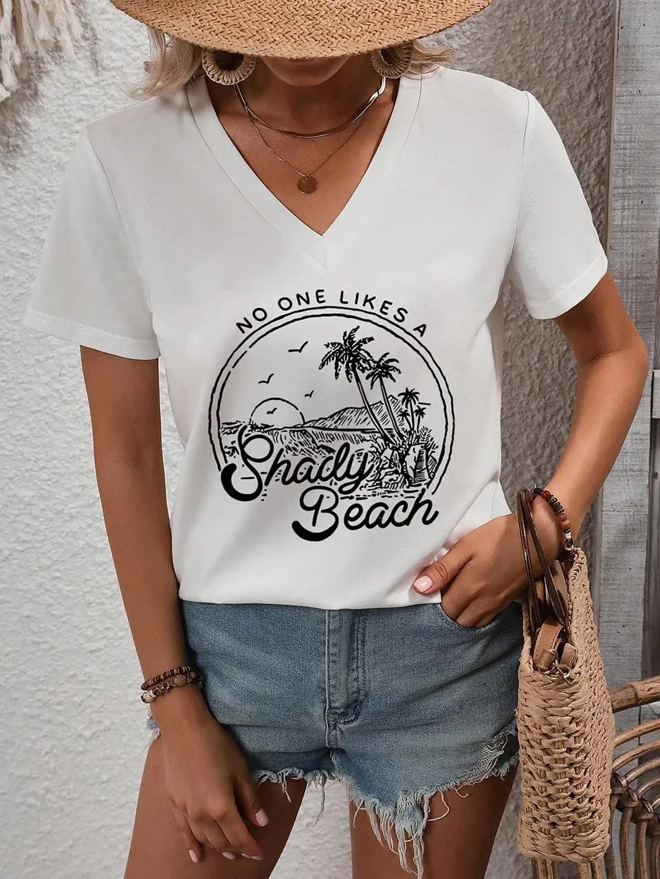 Women Summer Beach Tops Trees Print V Neck Short Sleeve Coconut Tree T Shirt Funny Graphic Tees