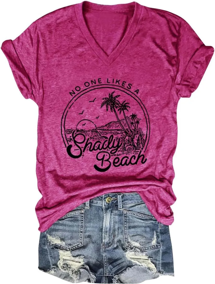 Women Summer Beach Tops Trees Print V Neck Short Sleeve Coconut Tree T Shirt Funny Graphic Tees