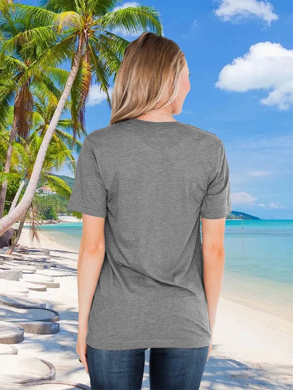 Women Summer Beach Tops Trees Print V Neck Short Sleeve Coconut Tree T Shirt Funny Graphic Tees