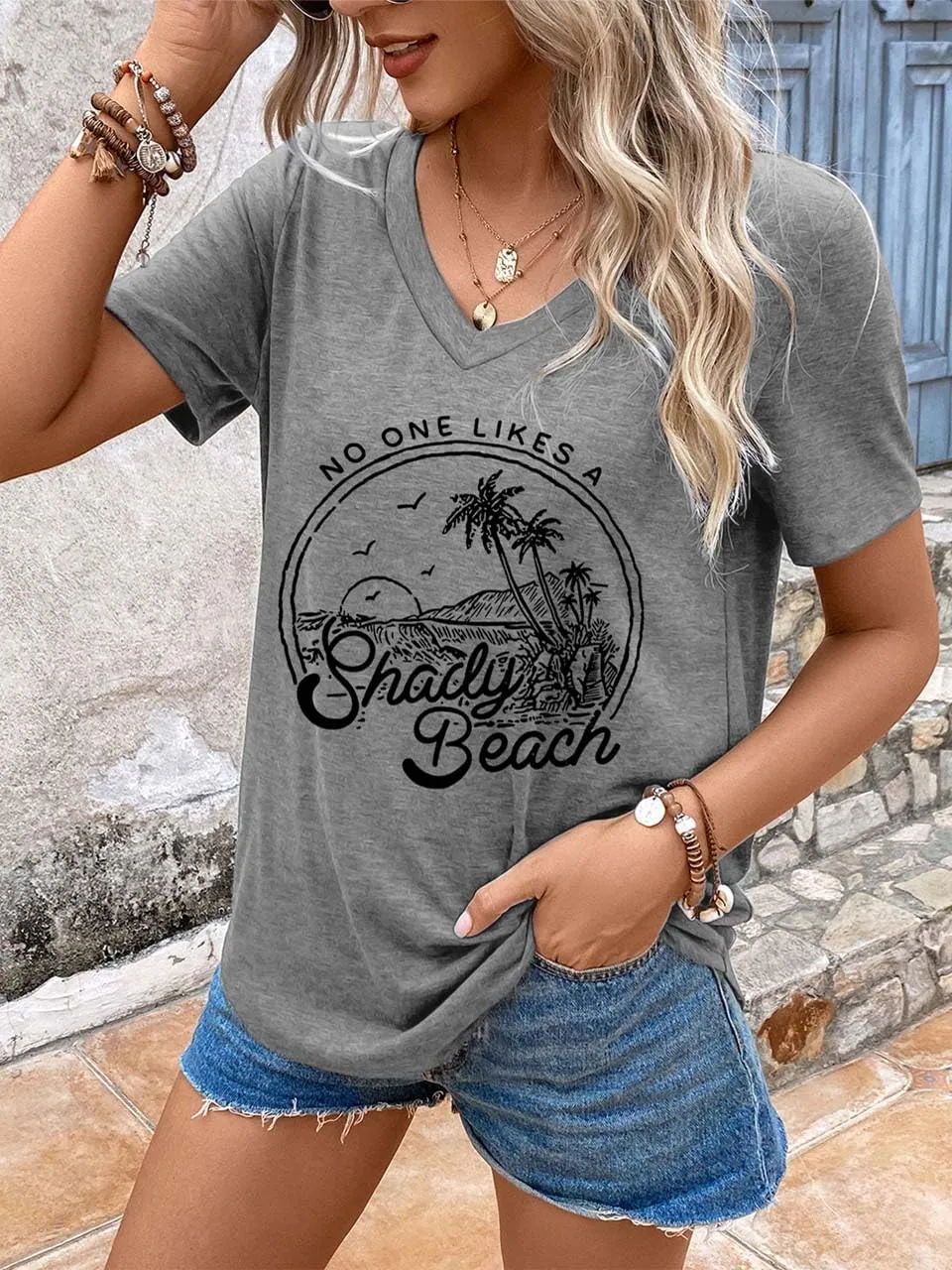 Women Summer Beach Tops Trees Print V Neck Short Sleeve Coconut Tree T Shirt Funny Graphic Tees
