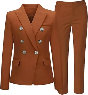 Womens 2 PC Suit for Work Double Breasted Blazer Pants Set Notch Lapel Office Lady Outfit Prom Suit