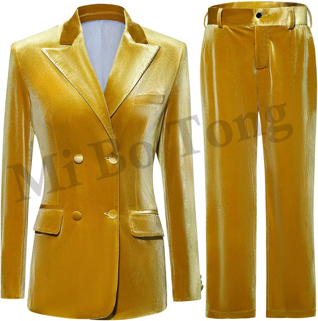 Women's 2 Piece Velvet Suit Office Work Suit Notch Lapel Double Breasted Blazer Pants Business Suits Set for Women
