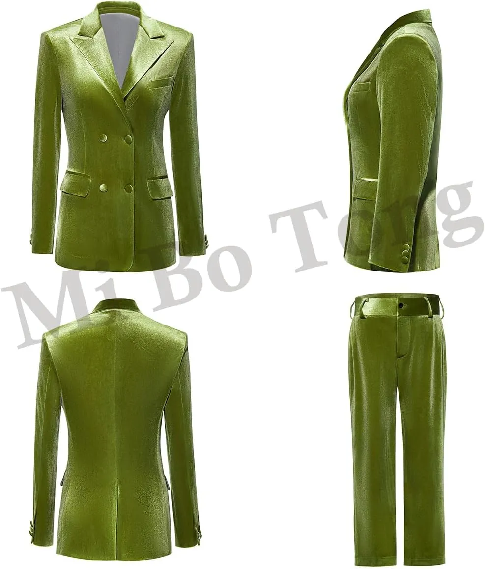 Women's 2 Piece Velvet Suit Office Work Suit Notch Lapel Double Breasted Blazer Pants Business Suits Set for Women