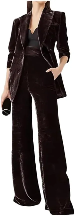 Women's 2 Piece Velvet Suit Office Work Suit Notch Lapel Double Breasted Blazer Pants Business Suits Set for Women