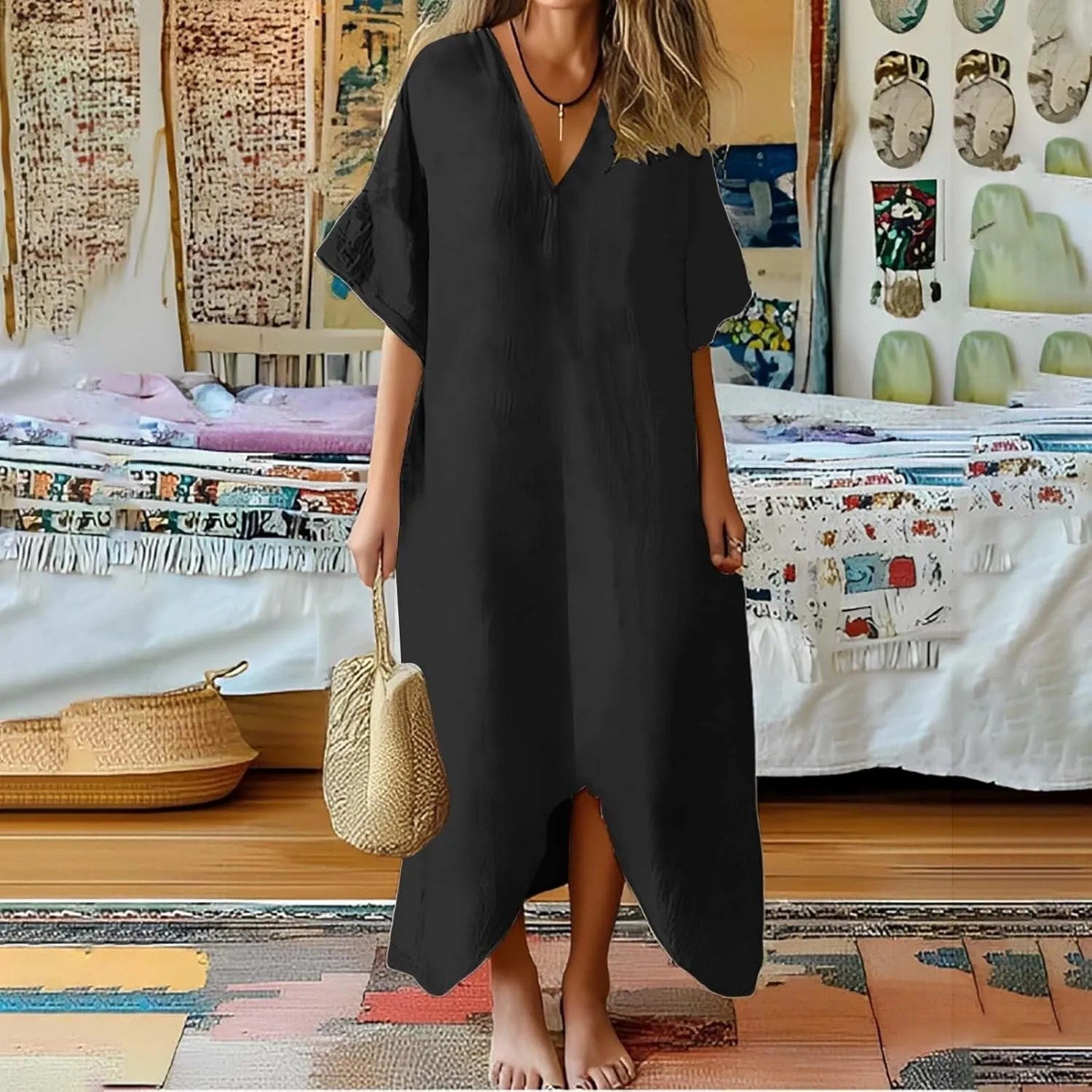 Women's 2025 Linen Casual Dresses Flowy V Neck Short Sleeve Maxi Dress Lightweight Summer Beach Vacation Clothes