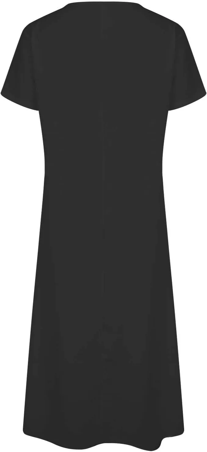 Women's 2025 Linen Casual Dresses Flowy V Neck Short Sleeve Maxi Dress Lightweight Summer Beach Vacation Clothes