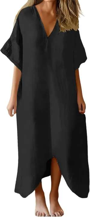 Women's 2025 Linen Casual Dresses Flowy V Neck Short Sleeve Maxi Dress Lightweight Summer Beach Vacation Clothes