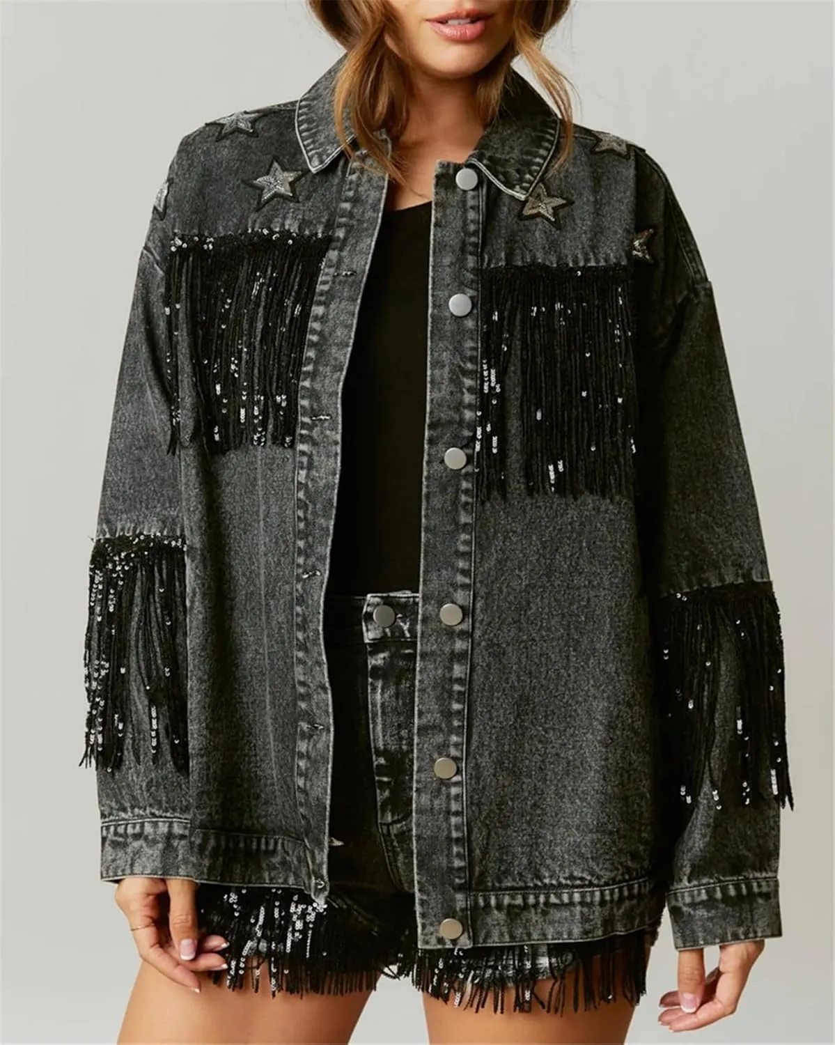 Women's Boyfriend Denim Jacket Long Sleeve Oversized Fringe Jean Jacket Coats