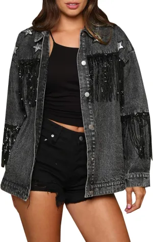 Women's Boyfriend Denim Jacket Long Sleeve Oversized Fringe Jean Jacket Coats