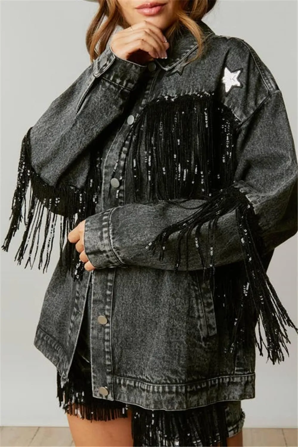 Women's Boyfriend Denim Jacket Long Sleeve Oversized Fringe Jean Jacket Coats