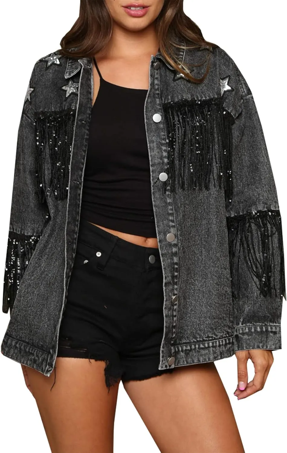 Women's Boyfriend Denim Jacket Long Sleeve Oversized Fringe Jean Jacket Coats