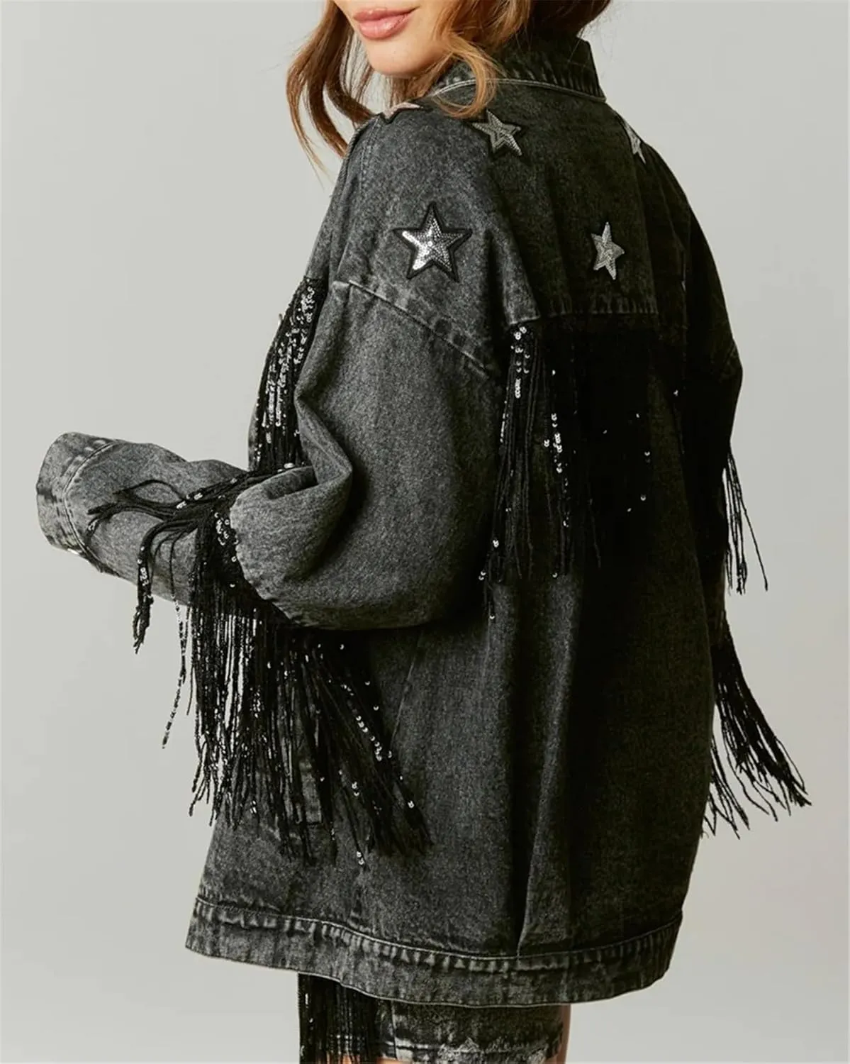 Women's Boyfriend Denim Jacket Long Sleeve Oversized Fringe Jean Jacket Coats